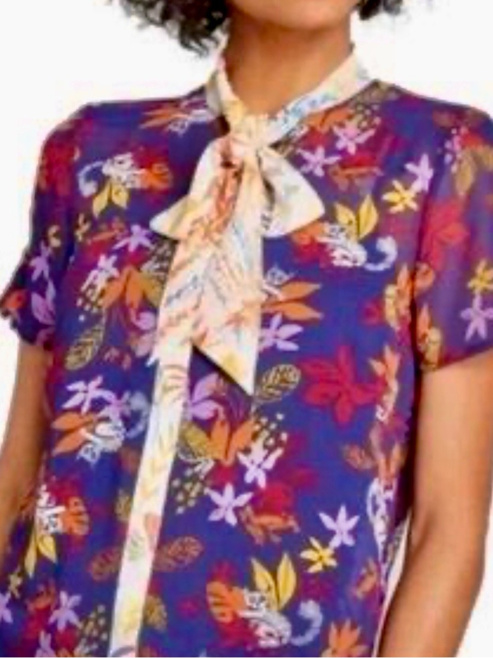 ModCloth Women’s Sheer Navy Blue Floral Blouse Tie Neck Lemur Monkey Print SMALL